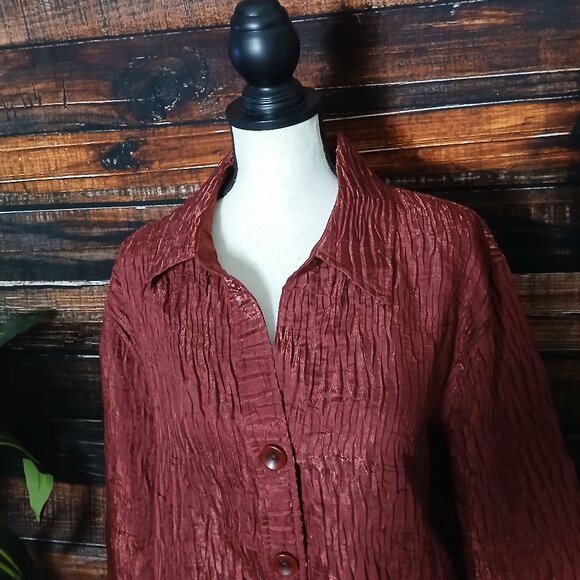 NEW Drapers & Damons Top Blouse 2X Burgundy Wine Crinkle Button Up Cuffed Sleeve - Picture 3 of 10